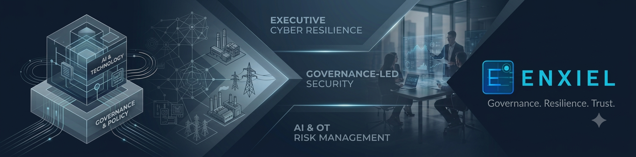 ENXIEL banner: Executive Cyber Resilience, Governance-Led Security, AI & OT Risk Management with ENXIEL logo and tagline Governance. Resilience. Trust.